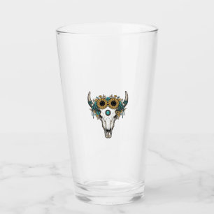 Boho Bull Skull Sunflower Vintage Western Engravin Glass