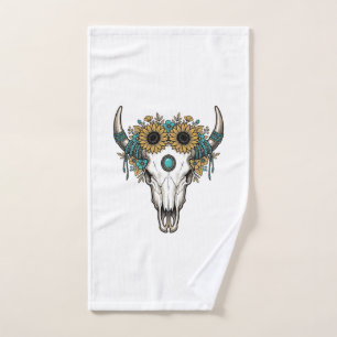 Boho Bull Skull Sunflower Vintage Western Engravin Hand Towel
