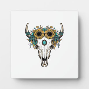 Boho Bull Skull Sunflower Vintage Western Engravin Plaque