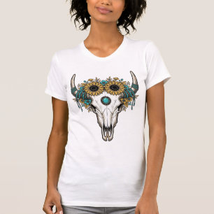 Boho Bull Skull Sunflower Vintage Western Engravin T-Shirt