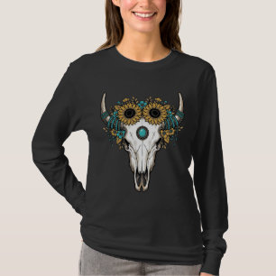 Boho Bull Skull Sunflower Vintage Western Engravin T-Shirt