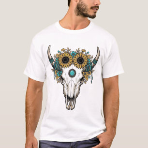 Boho Bull Skull Sunflower Vintage Western Engravin T-Shirt