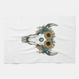 Boho Bull Skull Sunflower Vintage Western Engravin Tea Towel
