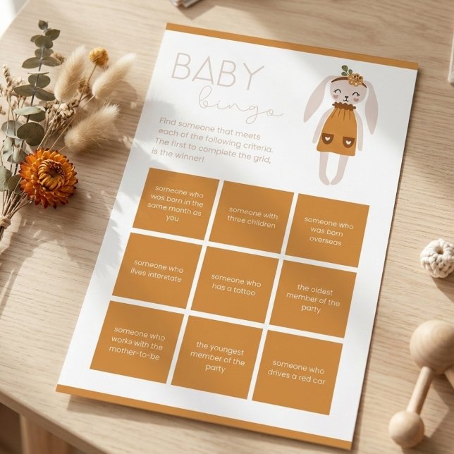 Boho Bunny Floral Baby Shower Activity (Baby shower bingo game)