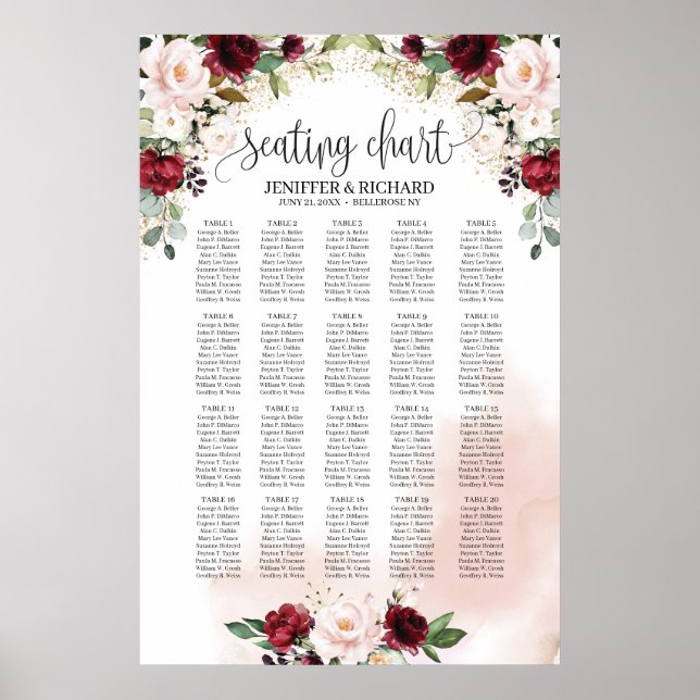 Boho burgundy and blush pink floral seating chart (Front)