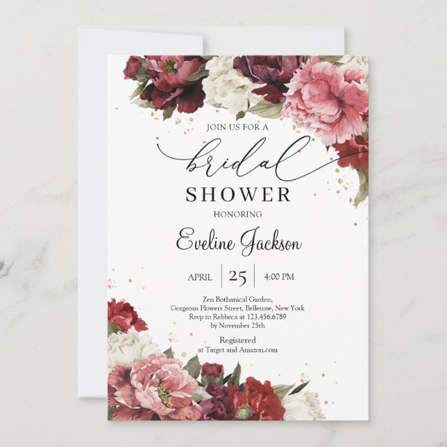Boho Burgundy and blush roses flowers peonies  Invitation (Front)