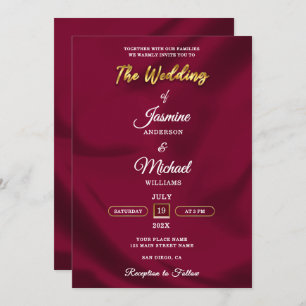 Boho Burgundy and Gold Foil Script Wedding Simple  Invitation
