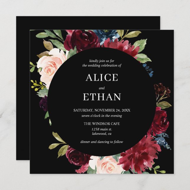 Boho Burgundy And Navy Blue Floral Invitation (Front/Back)