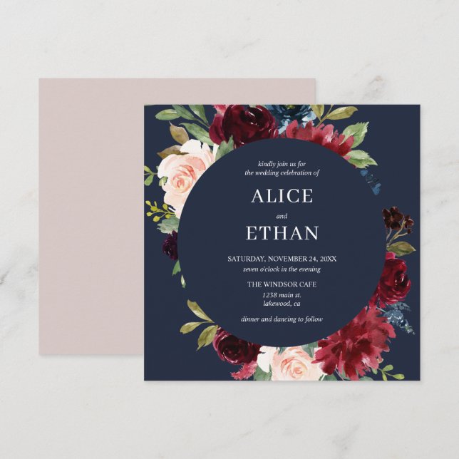 Boho Burgundy And Navy Blue Floral Invitation (Front/Back)