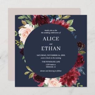 Boho Burgundy And Navy Blue Floral Invitation