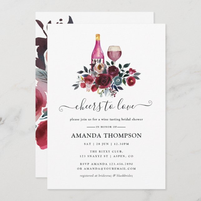 Boho Burgundy and Navy Bridal Shower Wine Tasting  Invitation (Front/Back)