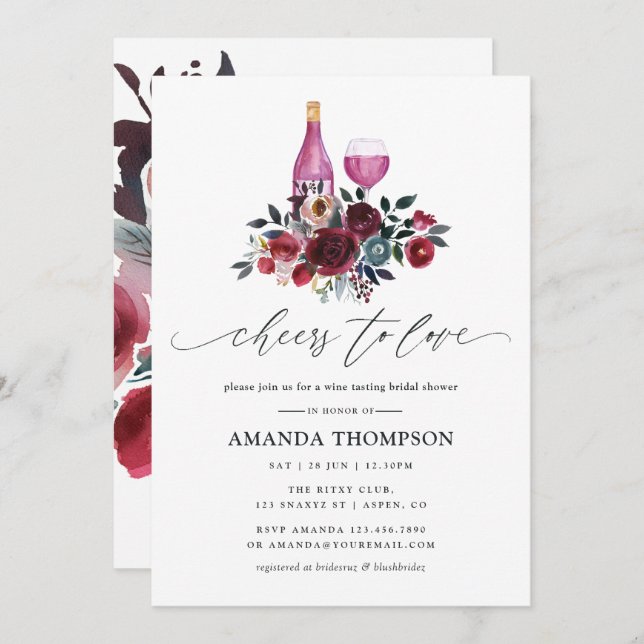 Boho Burgundy and Navy Bridal Shower Wine Tasting  Invitation (Front/Back)