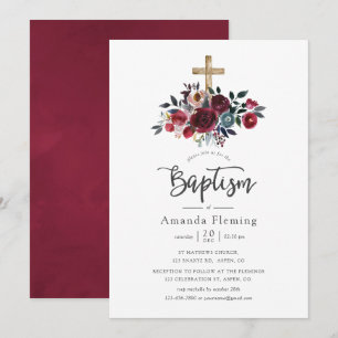 Boho Burgundy and Navy Floral Baptism Invitation