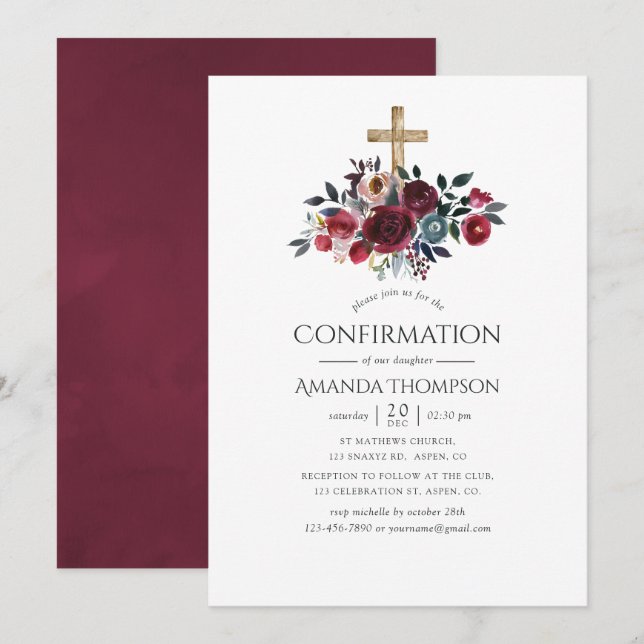 Boho Burgundy and Navy Floral Confirmation Invitation (Front/Back)
