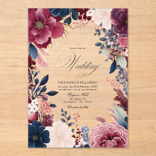 Boho Burgundy and Navy Rustic Floral Wedding Acrylic Invitations