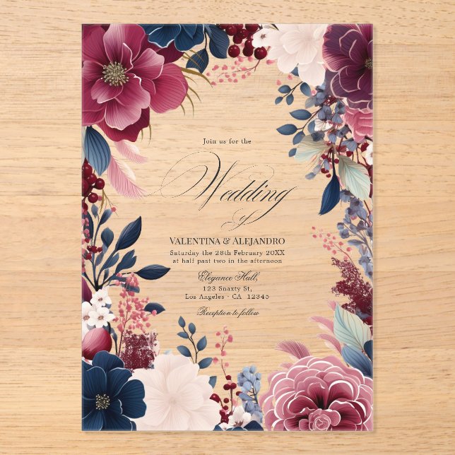 Boho Burgundy and Navy Rustic Floral Wedding Acrylic Invitations (Front)
