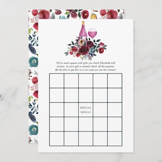 Boho Burgundy and Navy Wine Tasting Bridal Bingo Invitation (Front/Back)