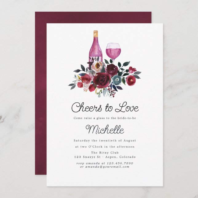 Boho Burgundy and Navy Wine Tasting Bridal Shower  Invitation (Front/Back)