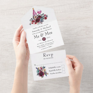 Boho Burgundy and Navy Wine Tasting Wedding All In One Invitation