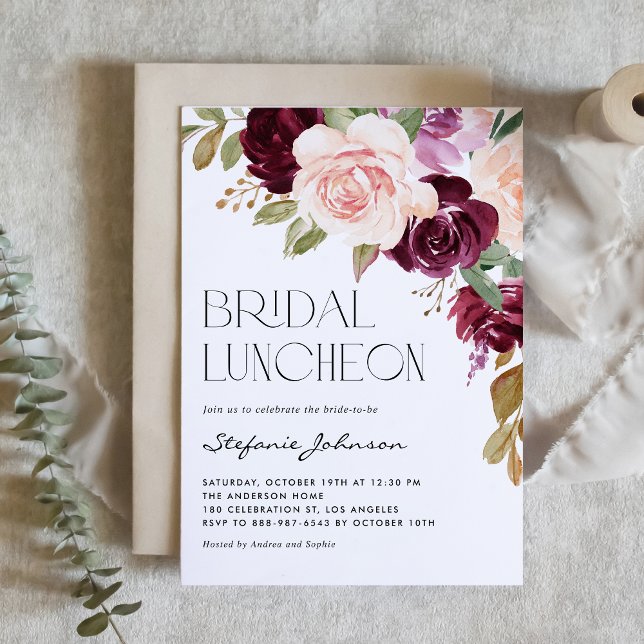 Boho Burgundy and Peach Floral Fall Bridal Luncheo Invitation (Creator Uploaded)