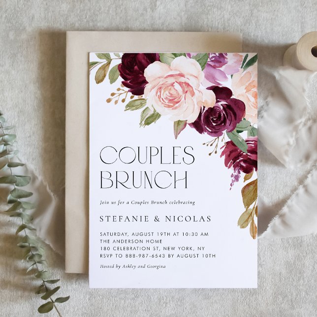 Boho Burgundy and Peach Floral Fall Couples Brunch Invitation (Creator Uploaded)