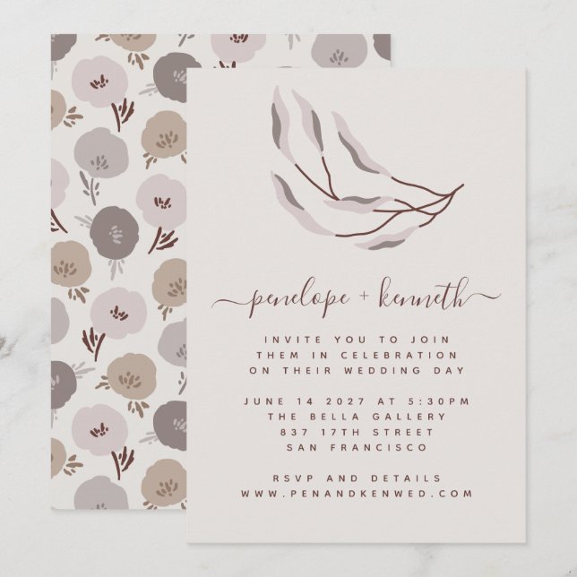 Boho Burgundy and Taupe Botanical Wedding Invitation (Front/Back)
