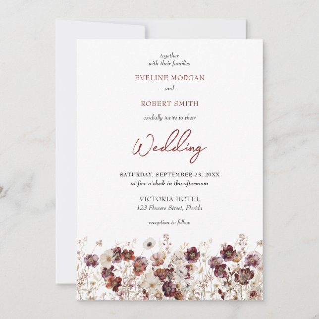 Boho burgundy and terracotta wild flowers invitation (Front)