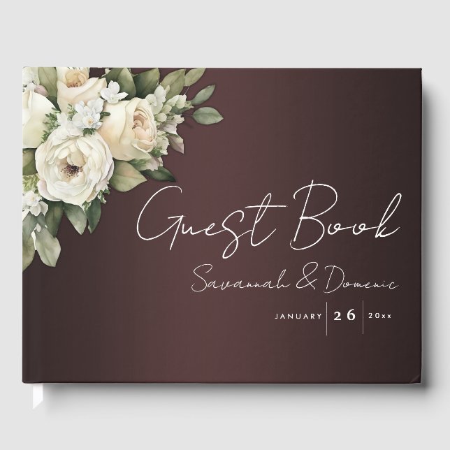 Boho Burgundy and White Rose Bouquet Wedding  Guest Book (Front)