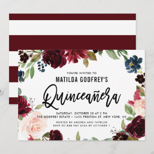 Boho Burgundy Autumn Floral Wreath Quinceañera Invitation