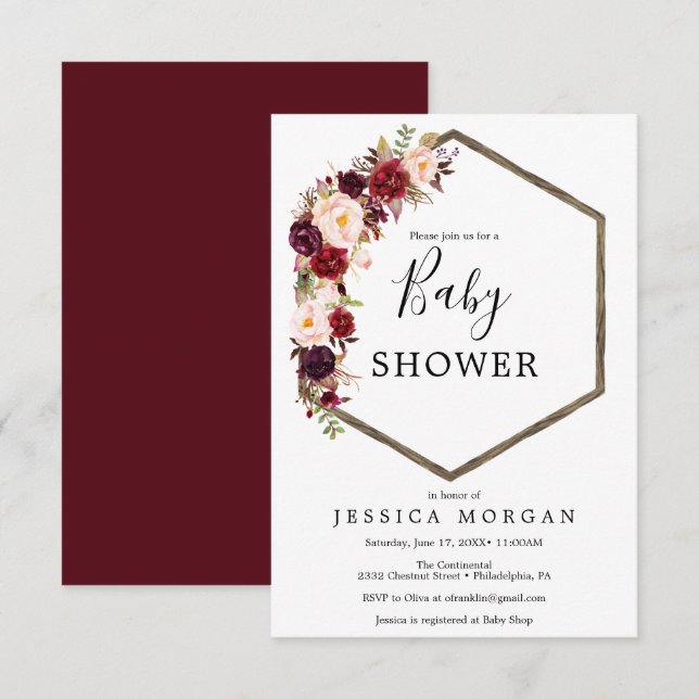 Boho Burgundy Baby Shower Invitation Card (Front/Back)