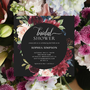 Boho Burgundy Blue Flowers Script Bridal Shower  Invitation