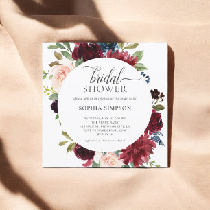 Boho Burgundy Blue Flowers Script Bridal Shower Invitation