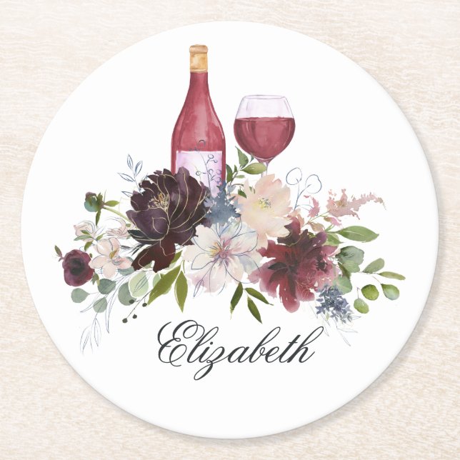 Boho Burgundy Blush Dusty Blue Wine Round Paper Coaster (Front)
