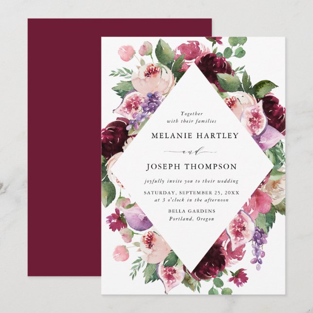 Boho Burgundy & Blush Floral & Fruit Wedding Invitation (Front/Back)