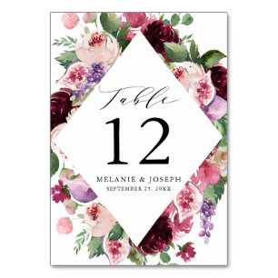 Boho Burgundy & Blush Floral & Fruit Wedding Table Number