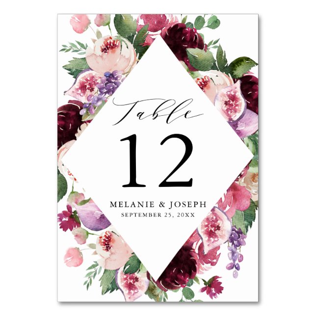 Boho Burgundy & Blush Floral & Fruit Wedding Table Number (Front)