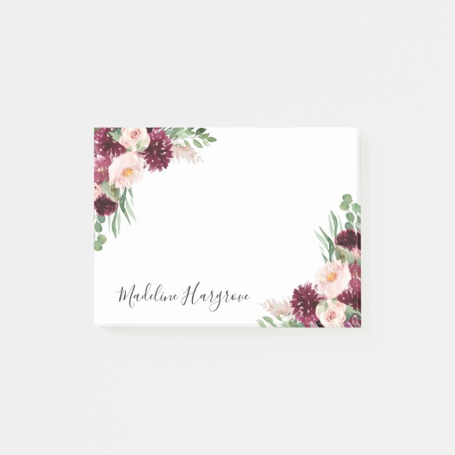 Boho Burgundy & Blush Floral Personalised Post-it Notes (Front)
