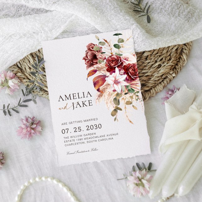 Boho Burgundy & Blush Modern Floral Save The Date (Creator Uploaded)