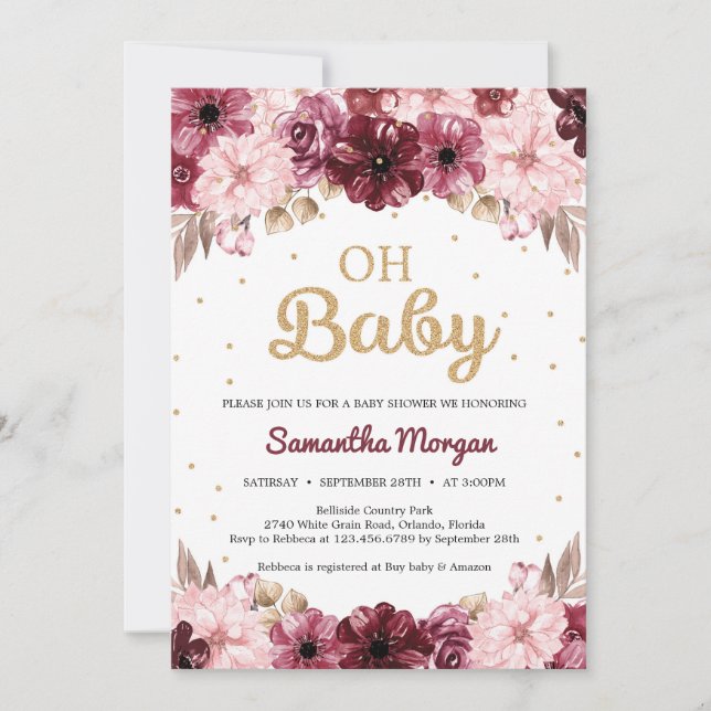 Boho burgundy blush pink floral gold baby shower invitation (Front)