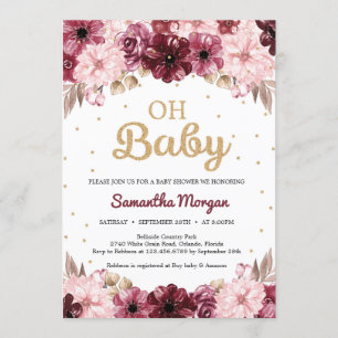 Boho burgundy blush pink floral gold baby shower invitation