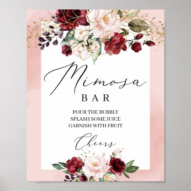 Boho burgundy blush pink floral mimosa bar sign (Front)