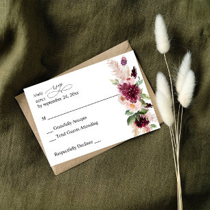 Boho Burgundy & Blush Pink Floral no Meal RSVP 2 Card