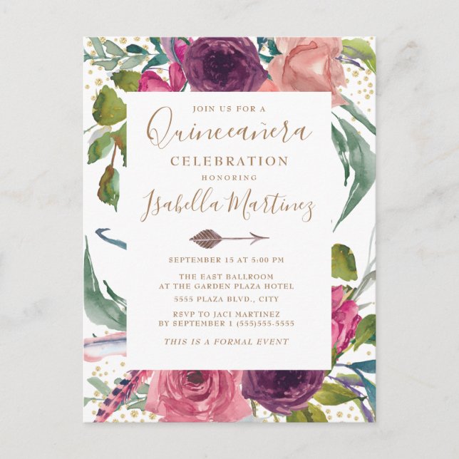 Boho Burgundy Blush Pink Floral Quinceañera Postcard (Front)