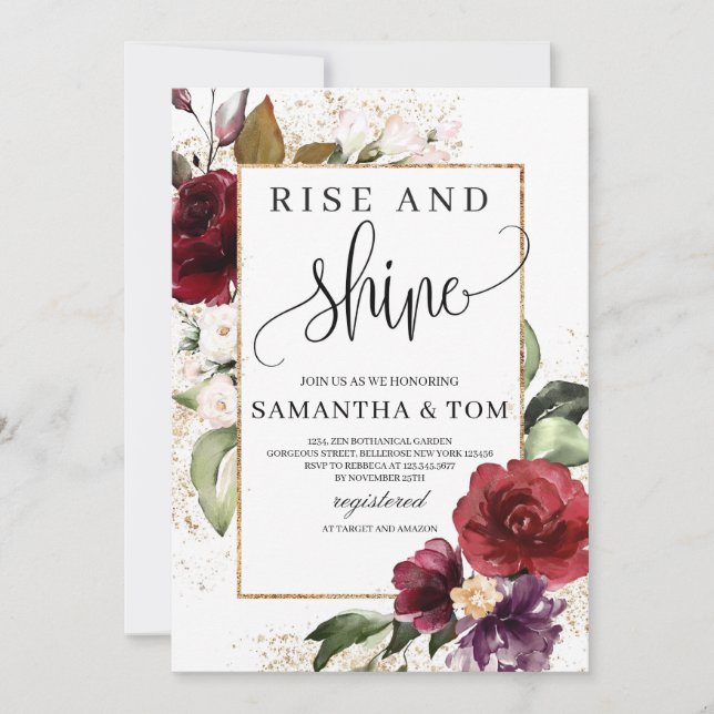 Boho burgundy blush pink floral rise and shine invitation (Front)