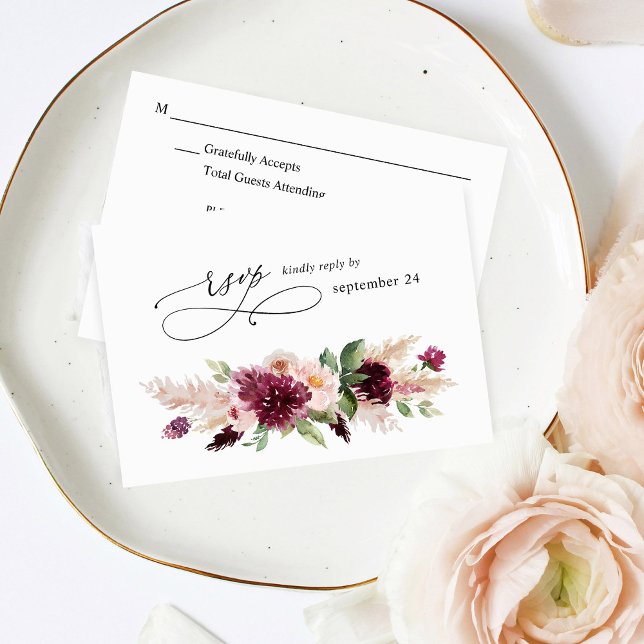 Boho Burgundy & Blush Pink Floral w Meal RSVP 2 Card (Creator Uploaded)