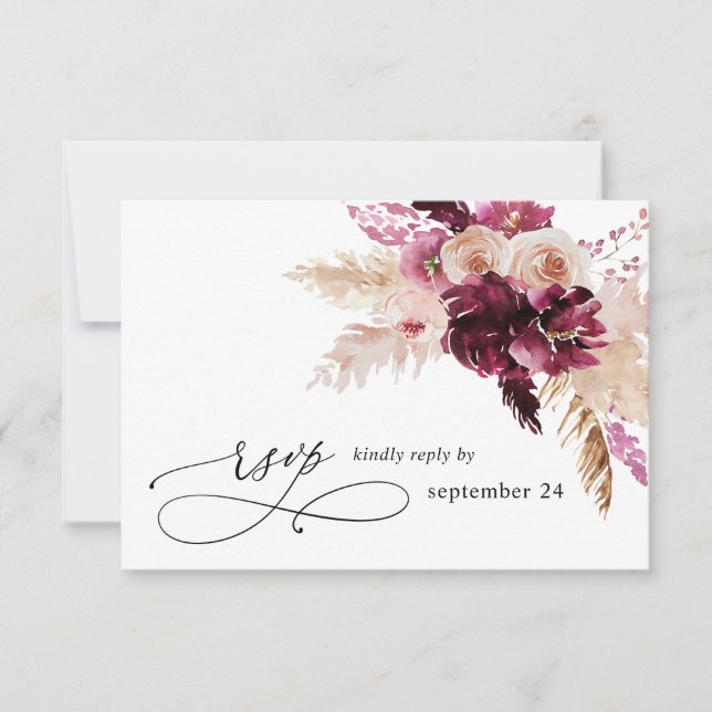 Boho Burgundy & Blush Pink Floral w Meal RSVP Card (Front)