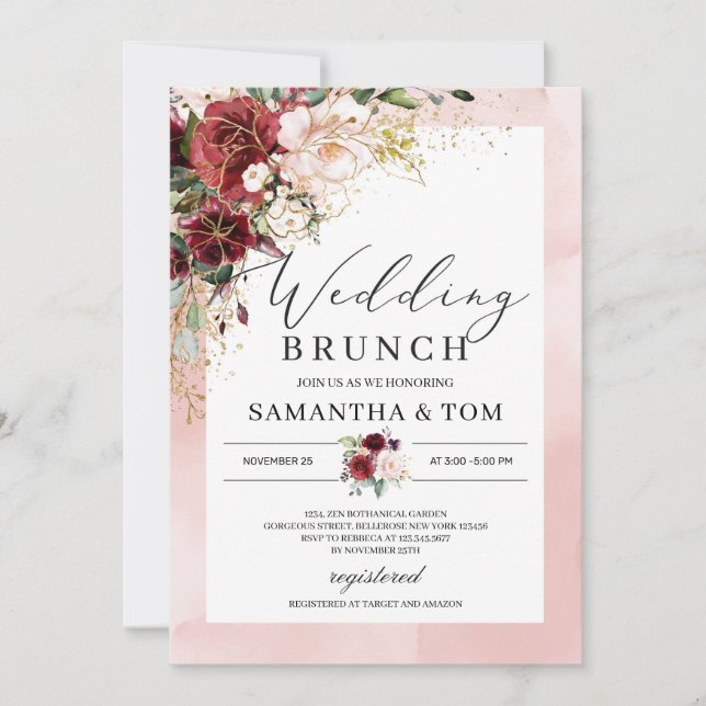 Boho burgundy blush pink floral wedding brunch invitation (Front)