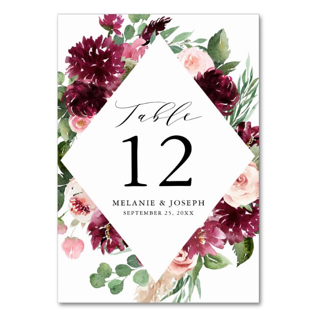 Boho Burgundy & Blush Watercolor Floral Wedding Table Number (Front)