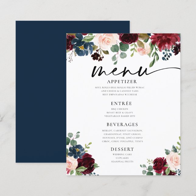 Boho Burgundy Blush Wedding Flat Menu (Front/Back)