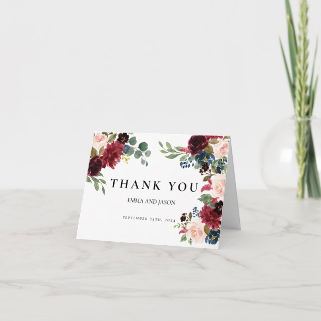 Boho Burgundy Blush Wedding Thank You Card (Front)